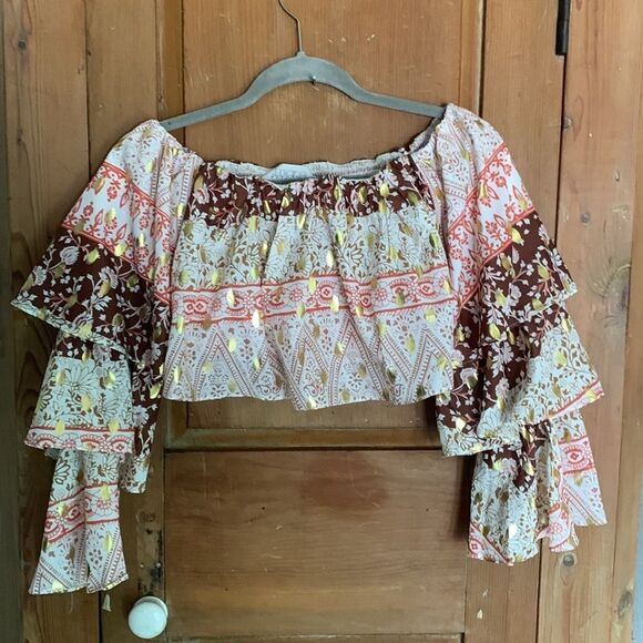 Mare Mare X Anthropologie off the shoulder tiered cropped blouse NWT - Picture 4 of 10